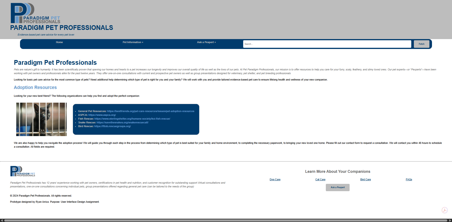 Paradigm Pet Professionals Prototype Screenshot